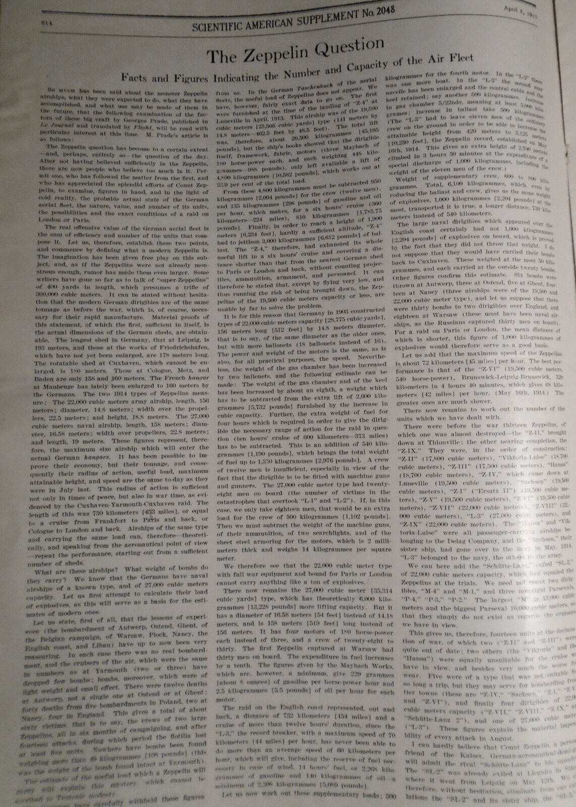 Scientific American Supplement April 3, 1915. Zeppelins; Projectile Photography