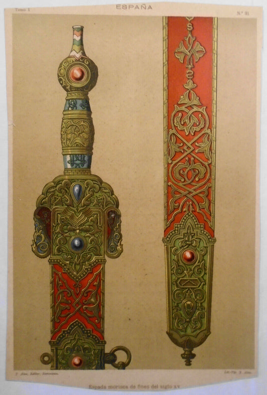 Espada morisca de fines siglo XV - ESPANA lithograph ca 1890 by J Aleu Barcelona