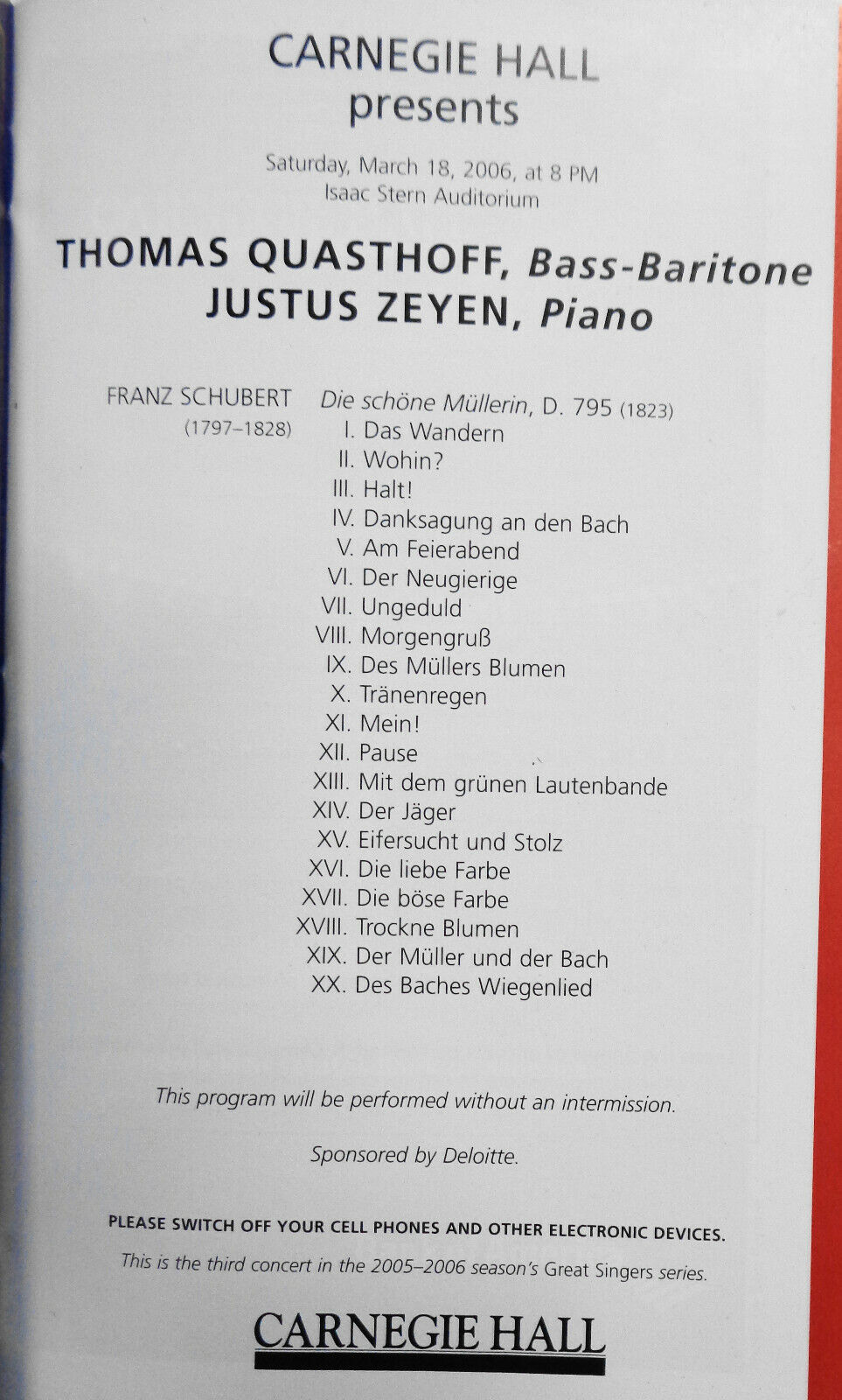 THOMAS QUASTHOFF BASS-BARITONE, JUSTUS ZEYEN - Carnegie Hall Playbill March 2006