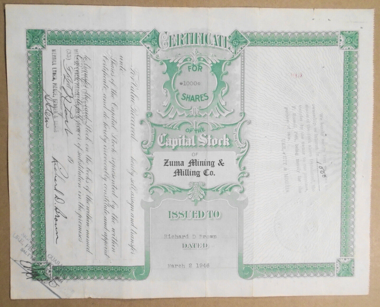 Zuma Mining & Milling Company - Stock Certificate, March 2, 1946