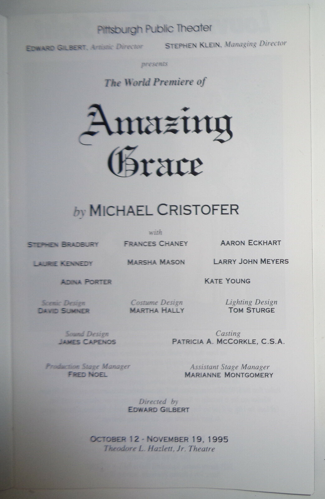 AMAZING GRACE - SOUVENIR PROGRAM - 1995 PITTSBURGH PUBLIC THEATER