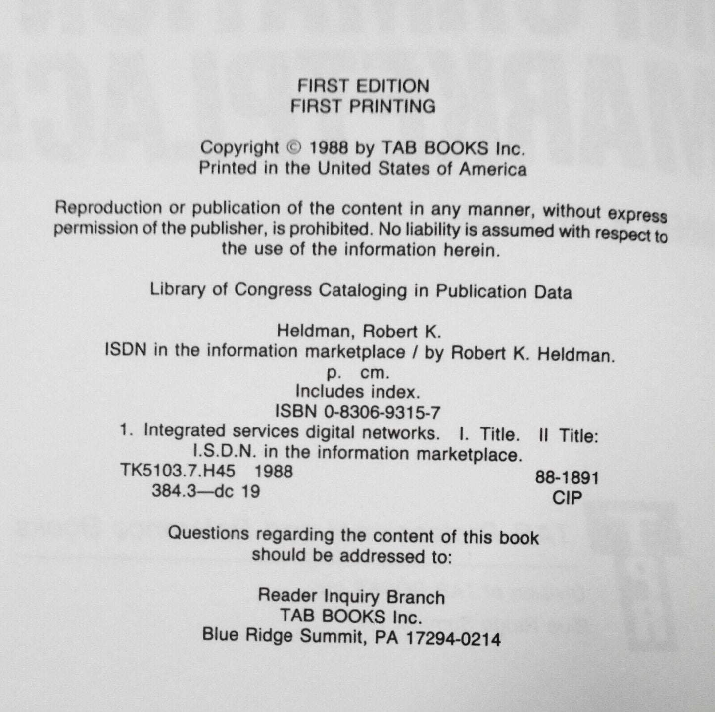 ISDN in the Information Marketplace, by Robert K. Heldman. 1988 Hardcover 1st ed