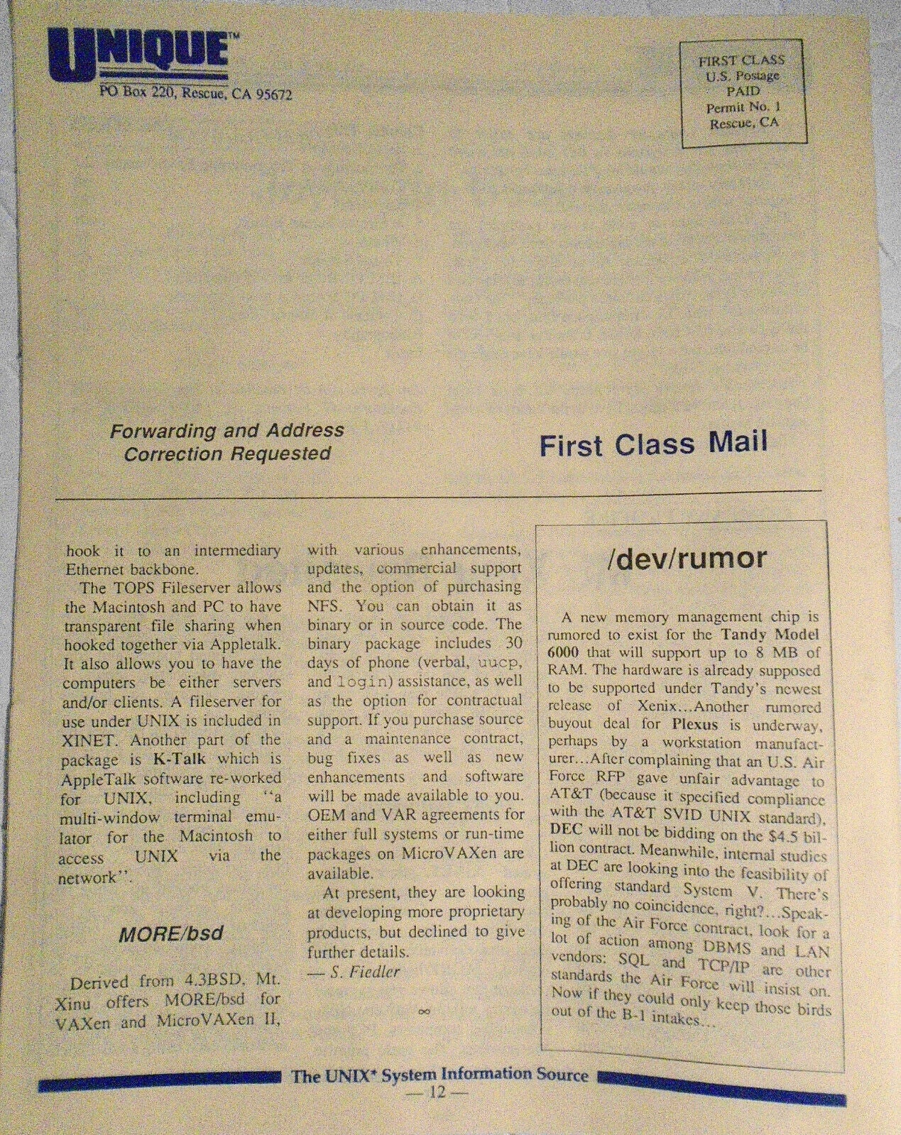 UNIQUE: The UNIX System Information Source  Dec. 1987 - DBMSs Under UNIX, etc.