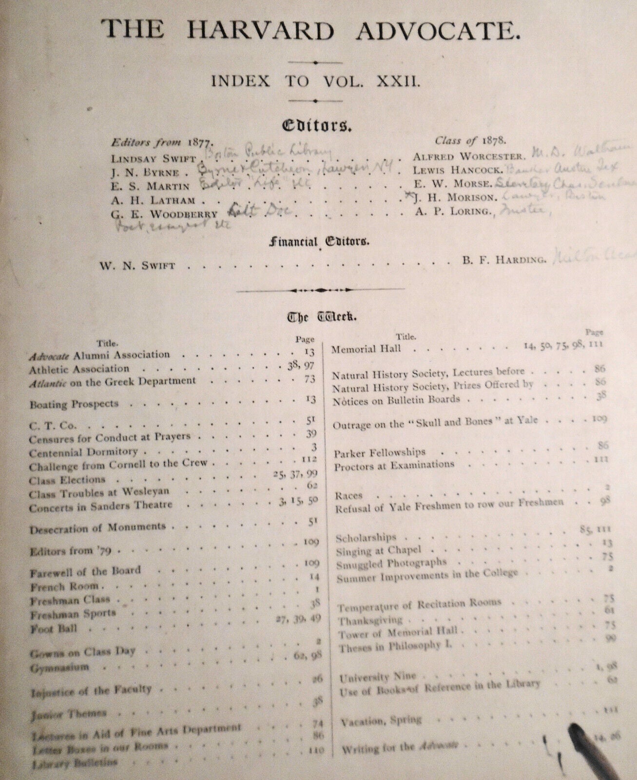 The Harvard Advocate: Vol. 22 & 23 - Sept 28, 1876 to June 22, 1877.  Sports etc