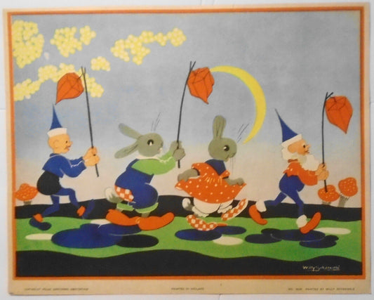 Bunnies and Elves with Japanese lanterns, by Willy Schermele