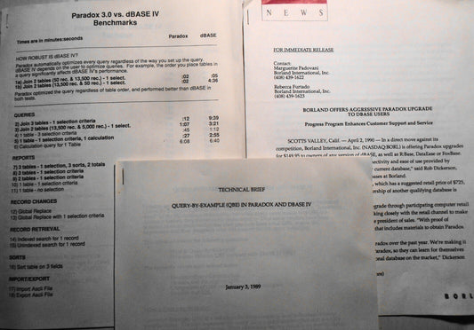 Paradox vs dBase IV - Benchmarks + Technical Brief & Borland Press release, 1990