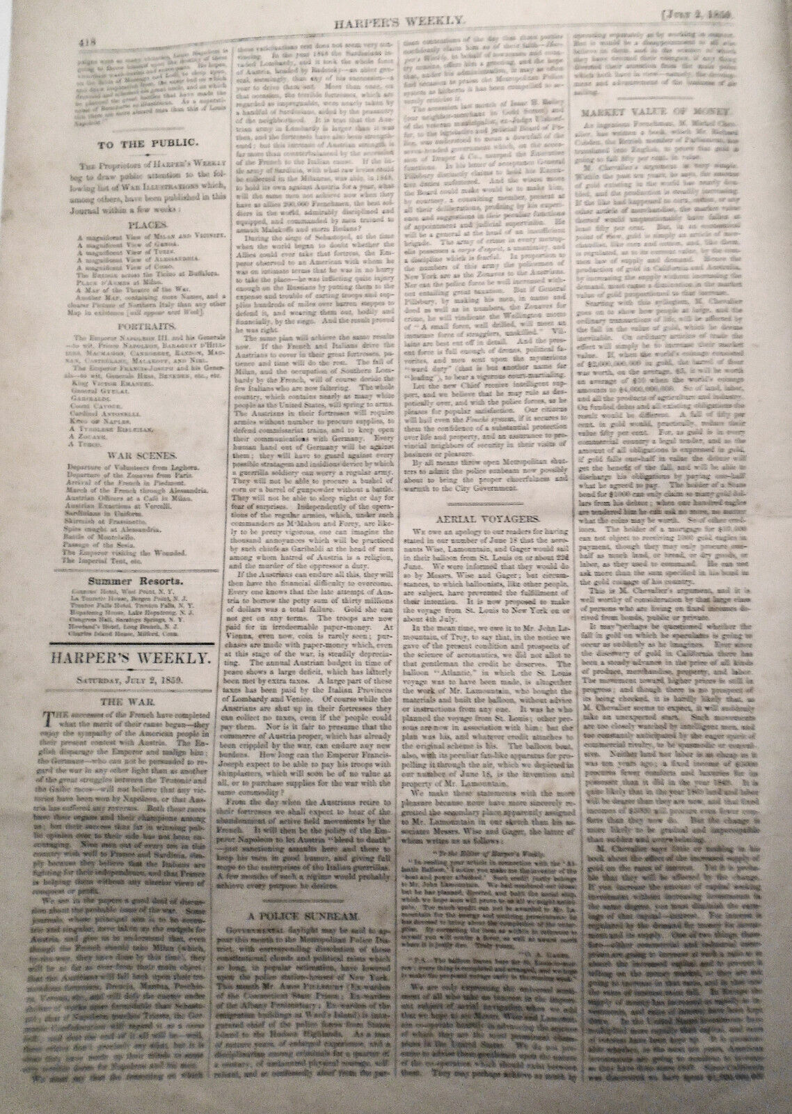 Harper's Weekly July 2, 1859  - Napoleon Visits Wounded; Eugenie Presiding, etc.