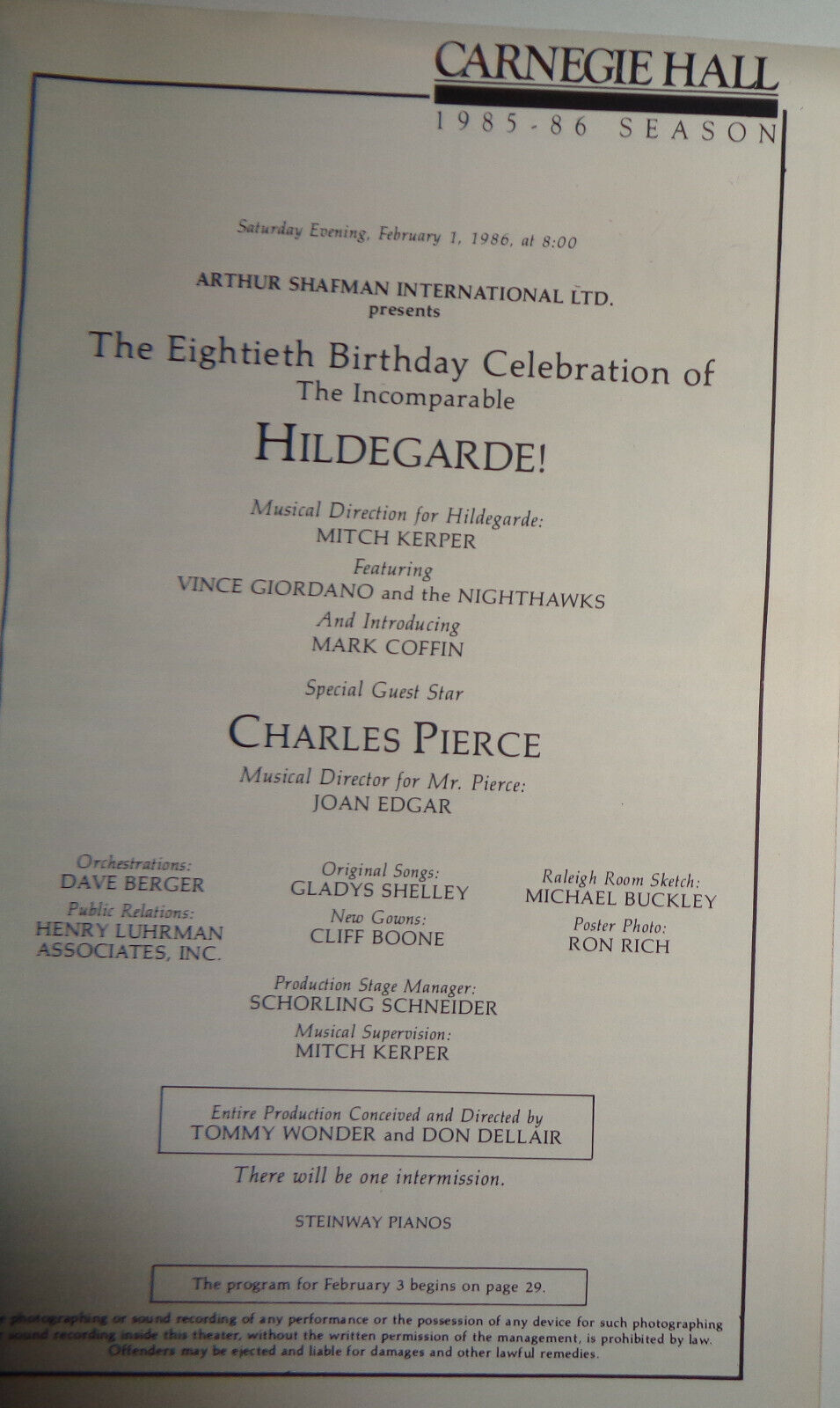 80TH BIRTHDAY CELEBRATION OF "HILDEGARDE!" - CARNEGIE HALL STAGEBILL 1986