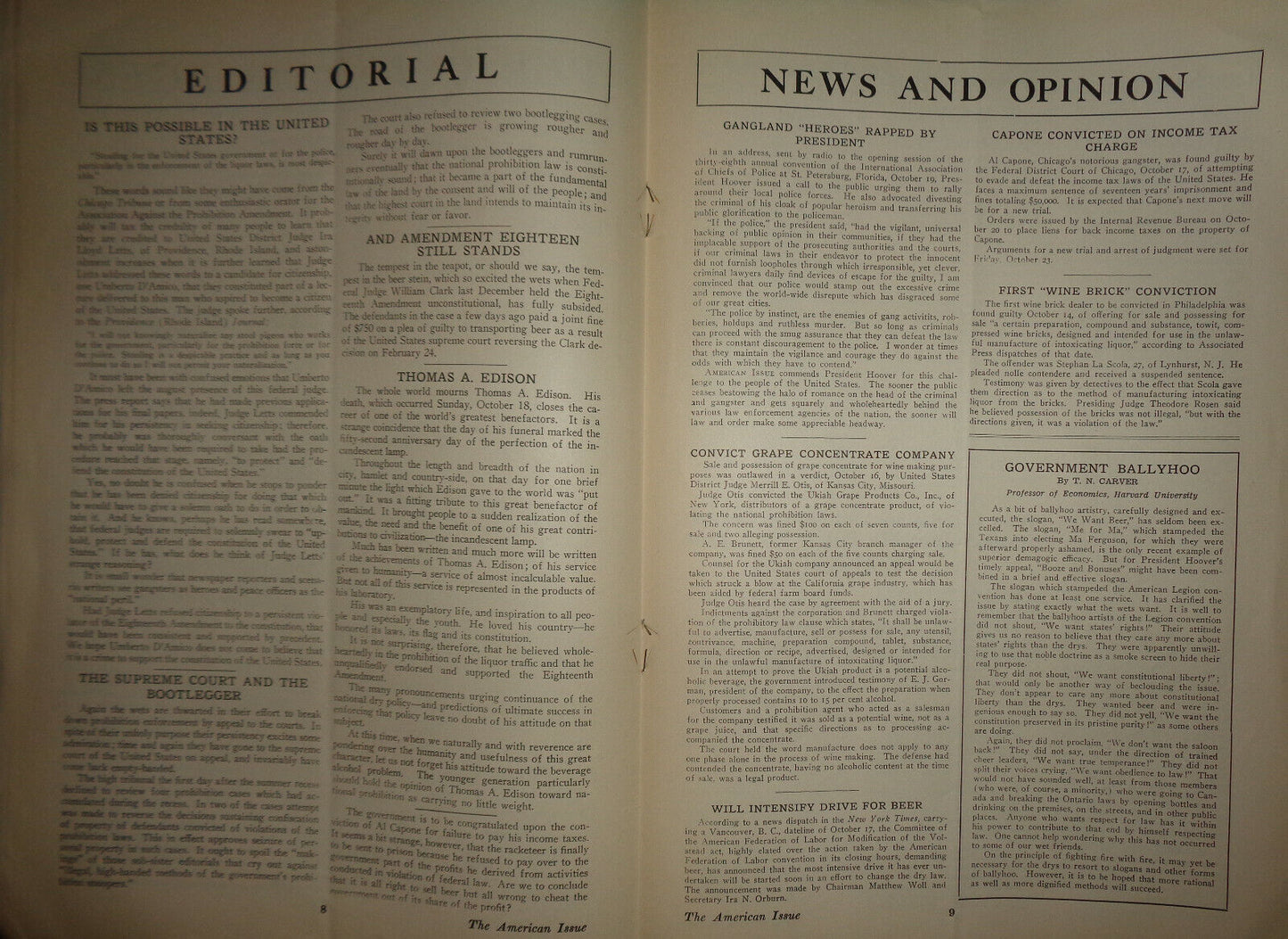 The American Issue (Prohibition journal) 10/24/1931 - Thomas Edison, Al Capone..