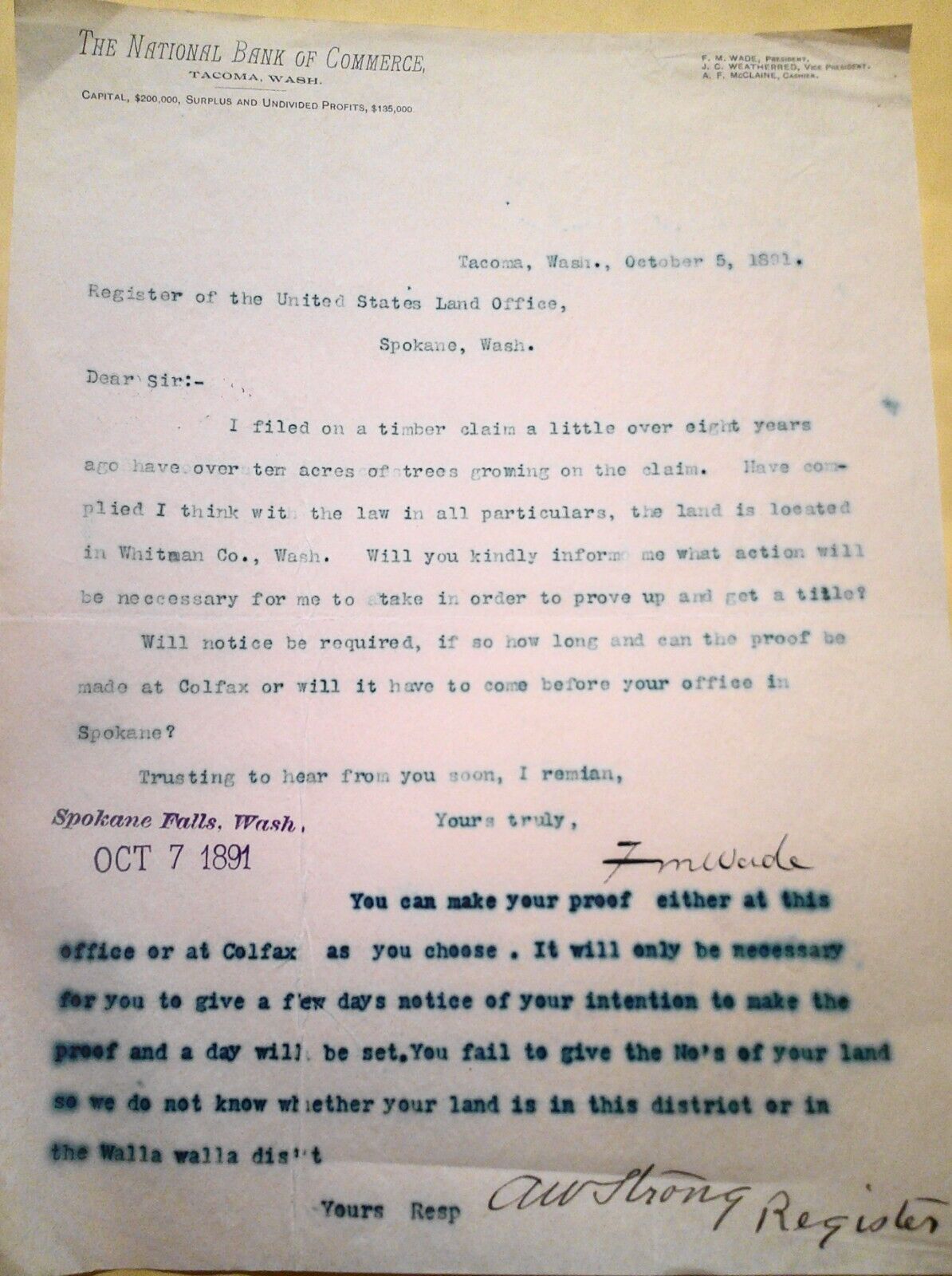 1891  National Bank of Commerce, Tacoma, Washington - letter regarding title