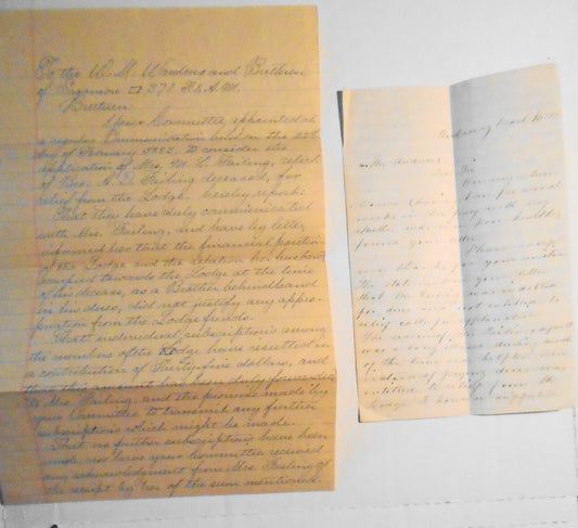 1882 Two handwritten Masonic Lodge docs (report & lettter), on a dues dispute.