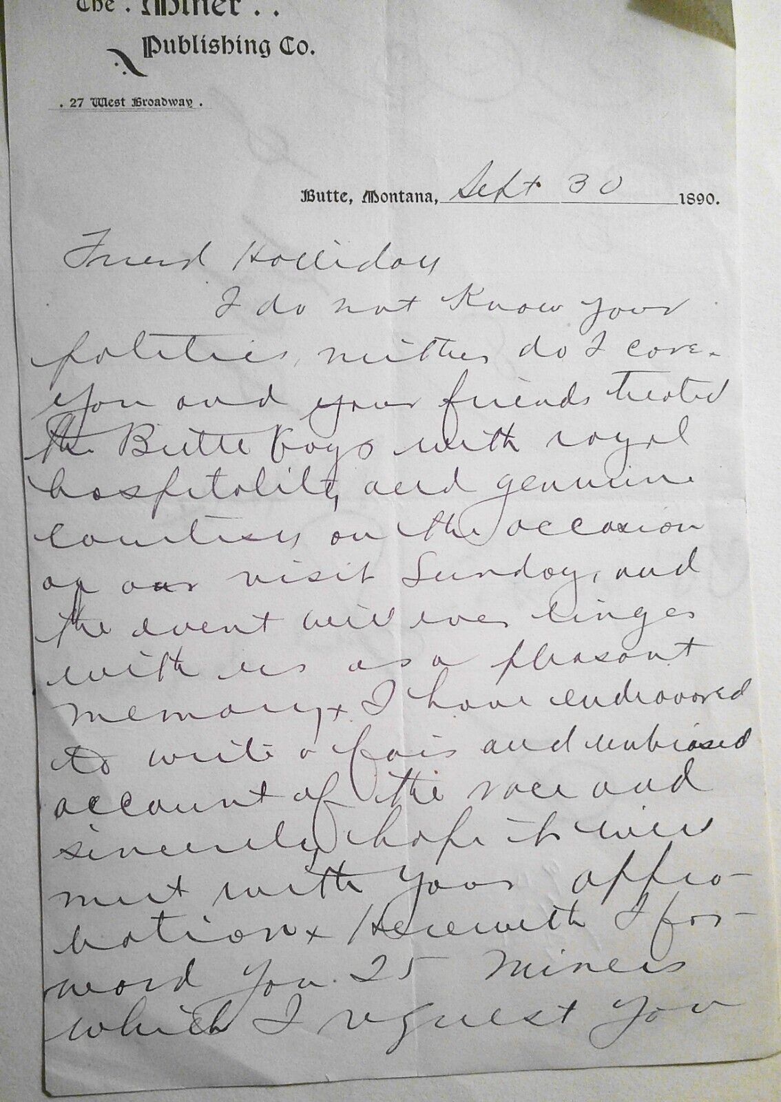 1890 Miner Publishing Co., Butte, MT - Letter by Al Moore, City Editor