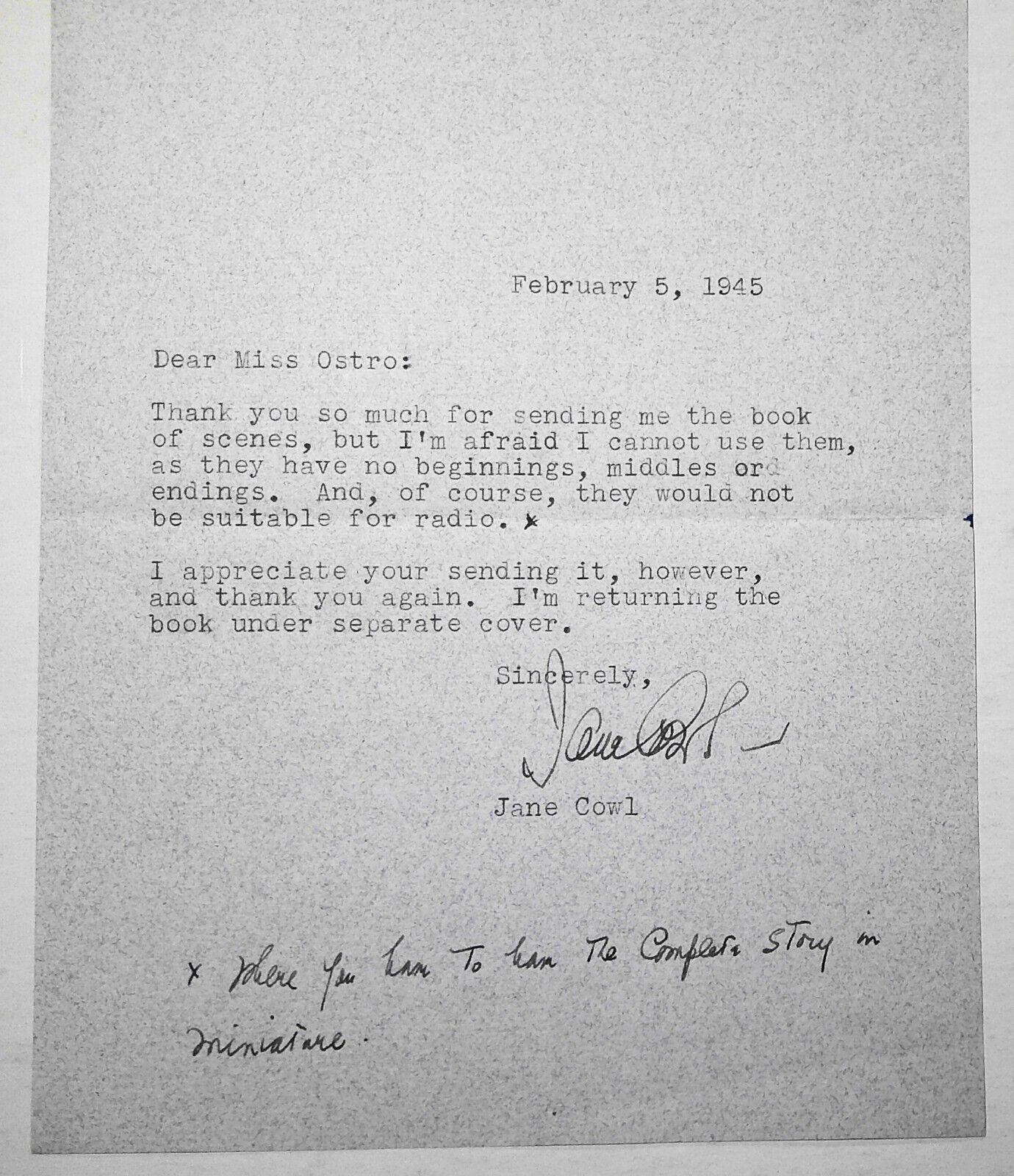 Actress Jane Cowl SIGNED Letter 1945, with envelope & handwritten postscript