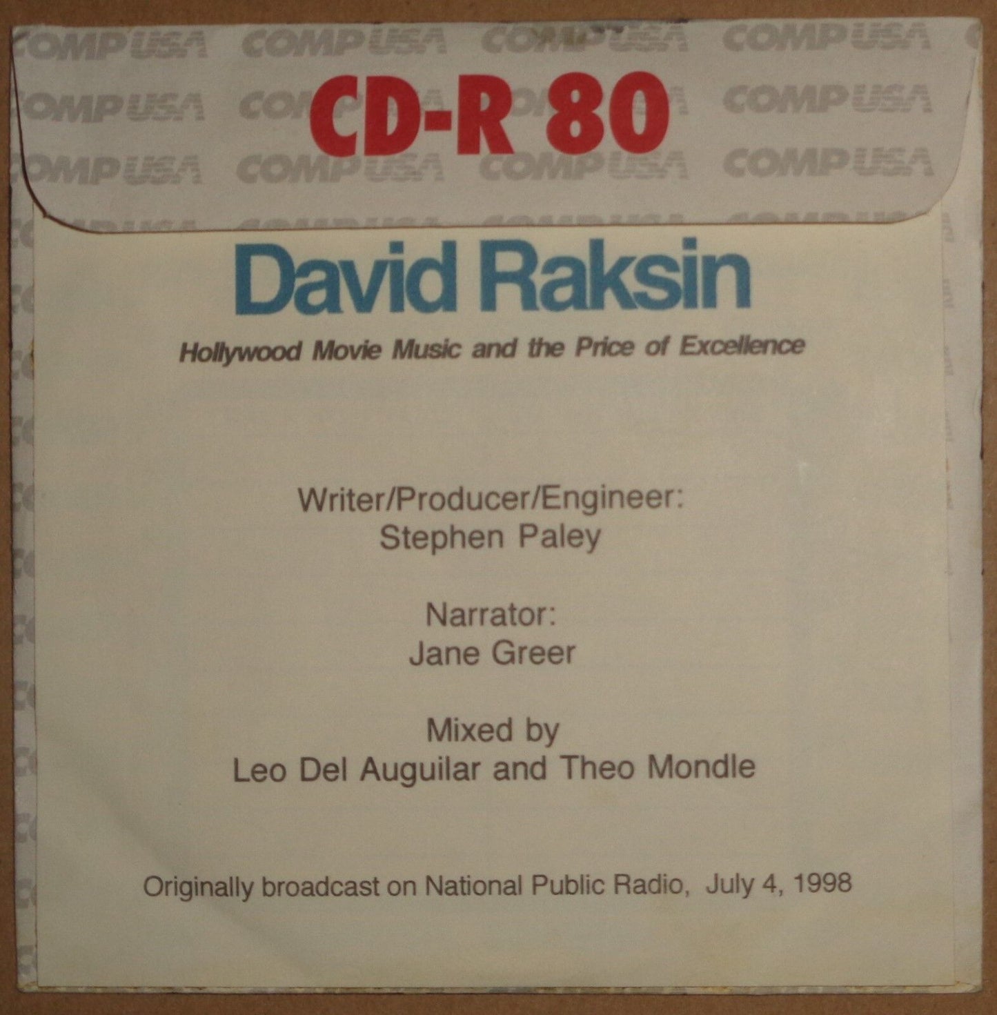 David Raskin, Hollywood Movie Music and the Price for Excellence - CD - 1998