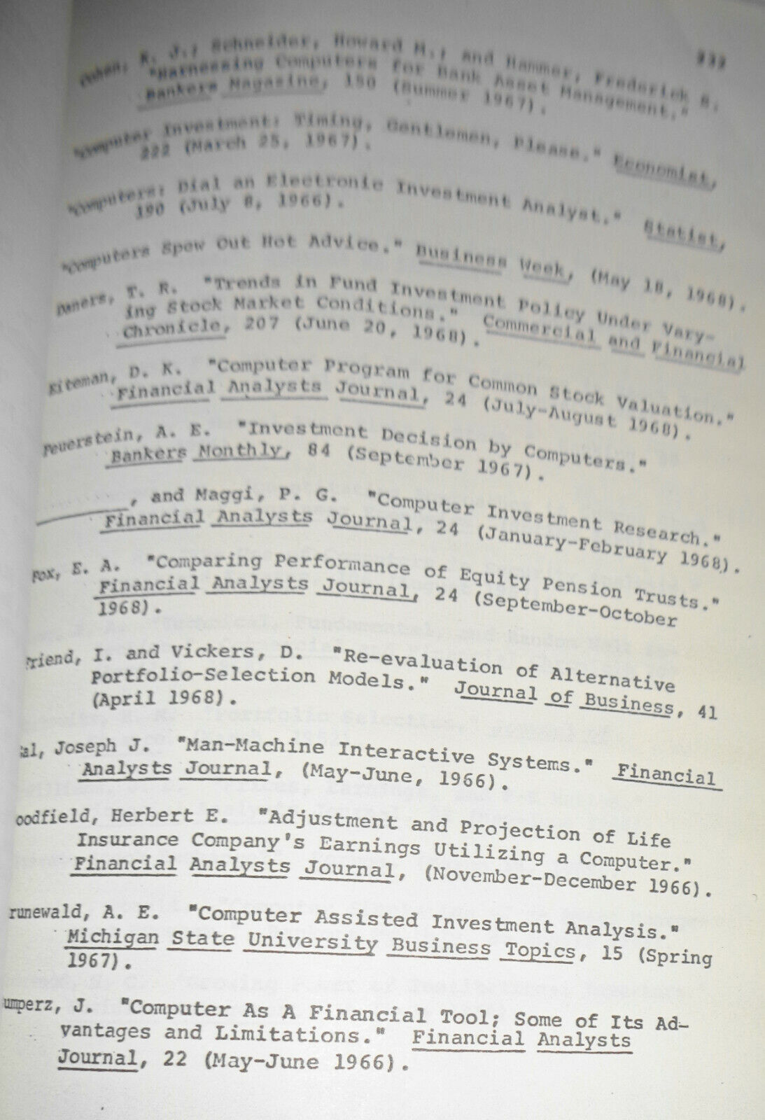 1970 Use of the computer in the stock selection process, by Bruce Kersey.