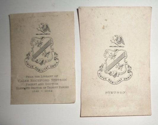 Two  Caleb Rochford Stetson armorial Bookplates - Trinity Church New York Rector