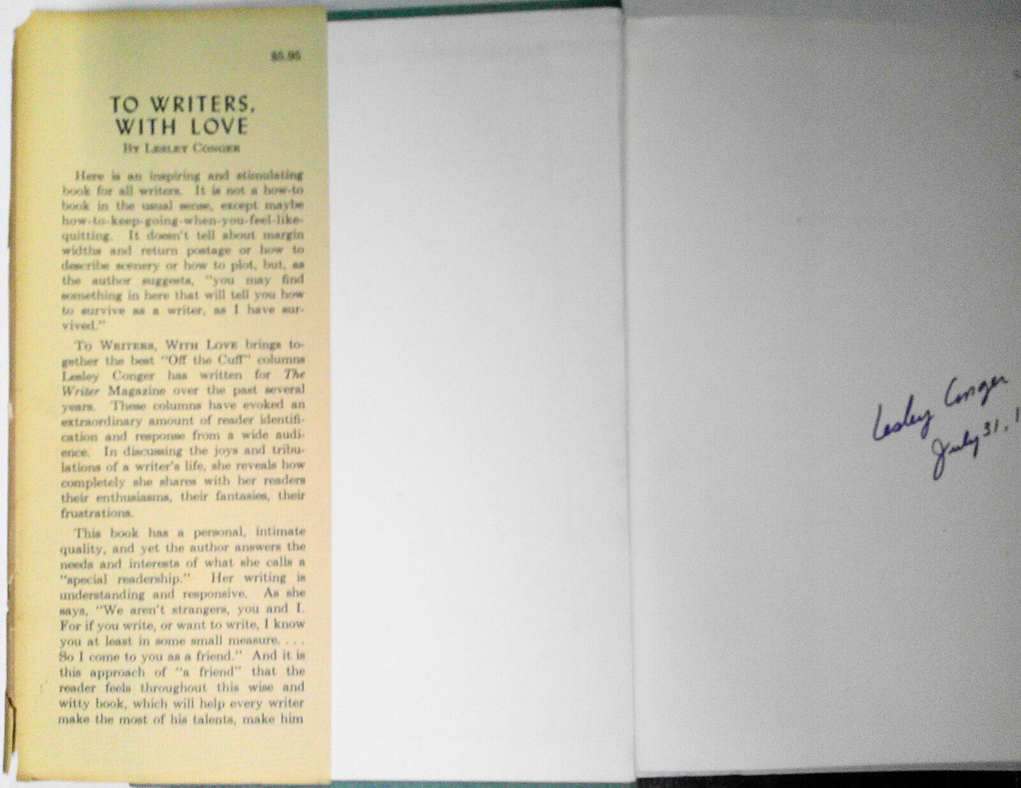 To Writers, With Love, By Lesley Conger - SIGNED - 1971 First edition. HC/DJ