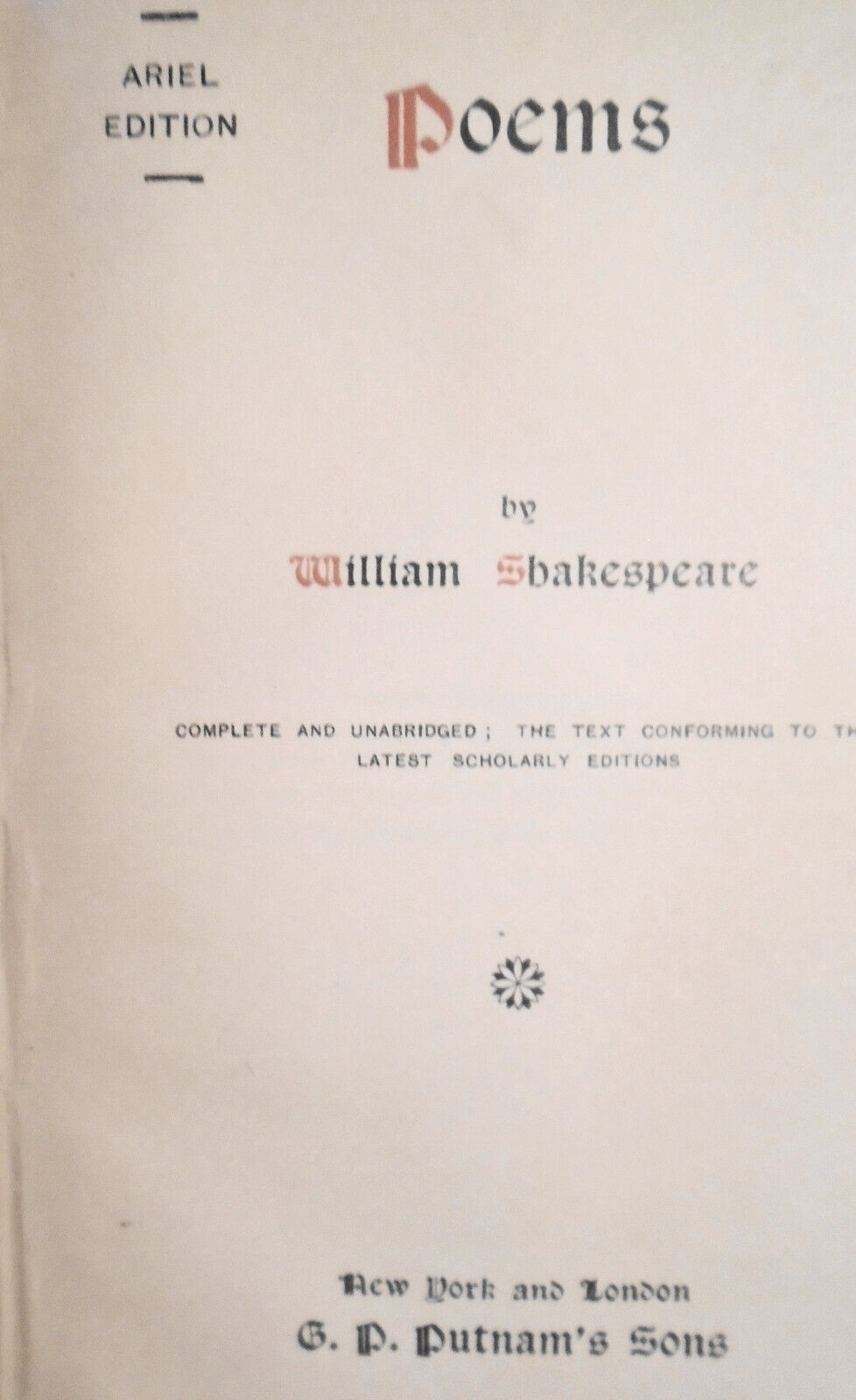 POEMS, by William Shakespeare. 1893 Ariel edition, Putnam's