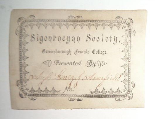 Sigourneyan Society, Greensborough Female College - Bookplate - 19th century