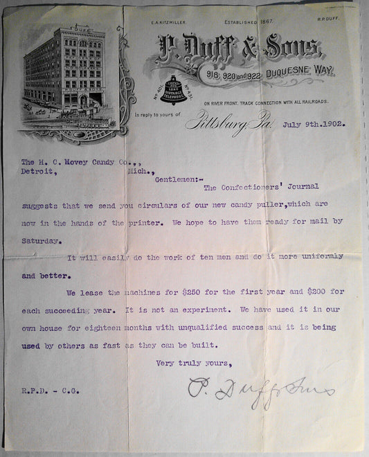 1902 P. Duff & Sons, Inc., Pittsburg, PA - letter promoting candy puller machine