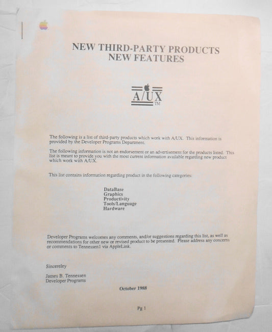 Apple A/UX - New Third-Party Products - New Features - October 1988