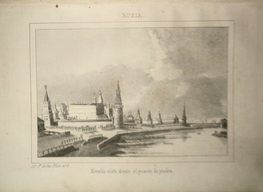 1840 Rusia - Kremlin visto desde el puente de piedra - engraving. Chopin