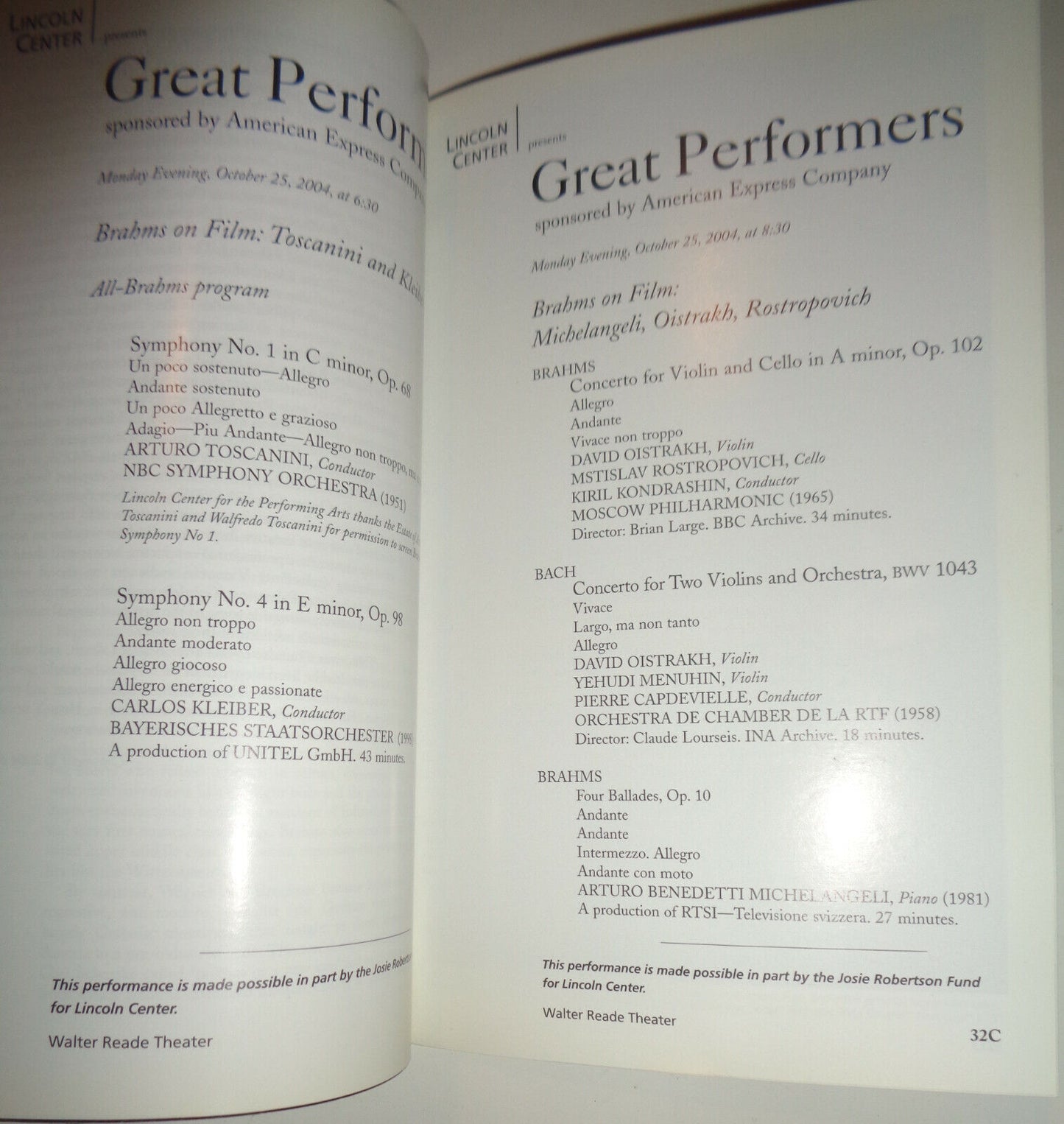 BRAHMS ON FILM: TOSCANINI AND KLEIBER - PLAYBILL - OCT 25, 2004 LINCOLN CENTER