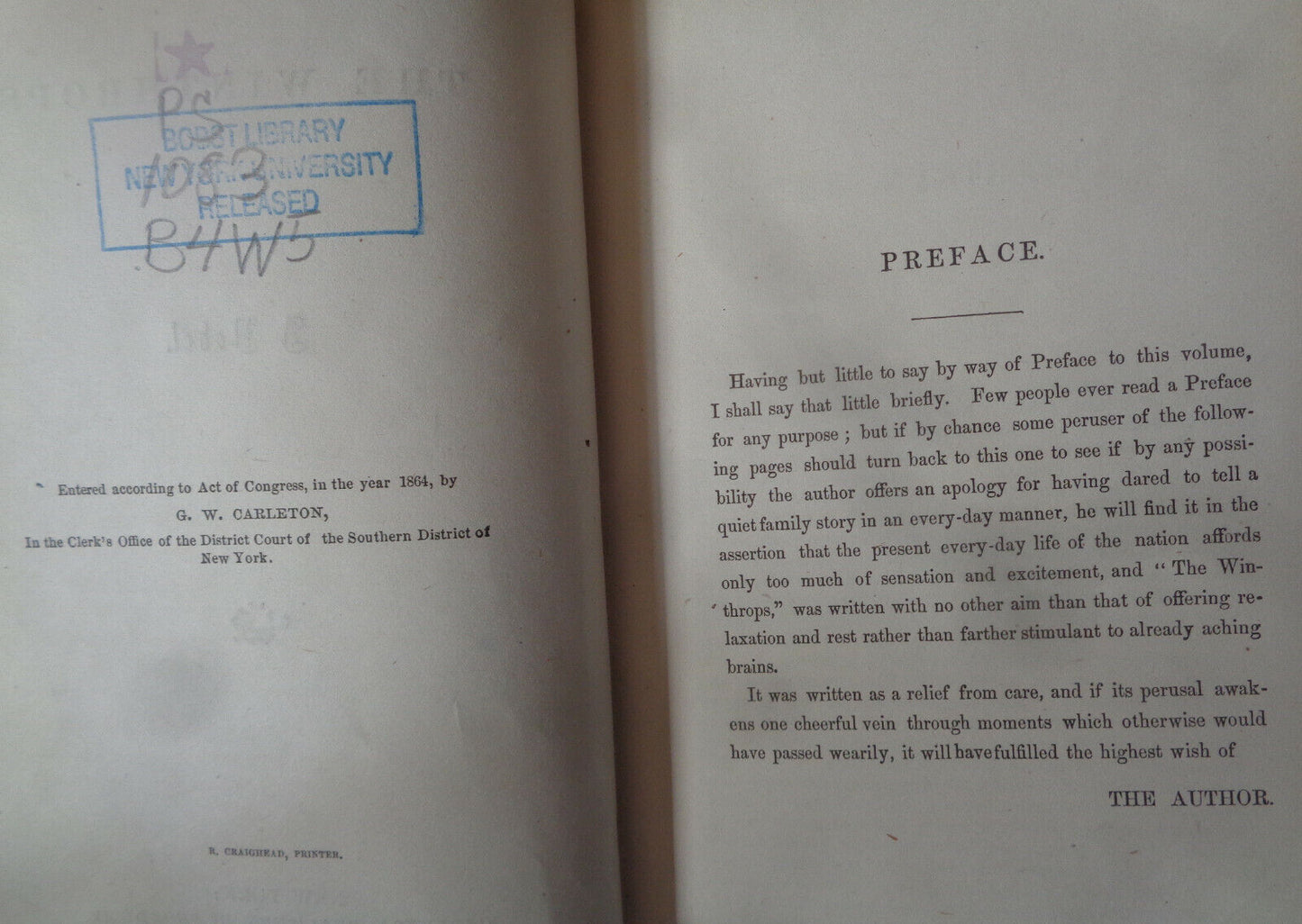 1864 THE WINTHROPS, by Mrs. J. R. Beckwith. First edition