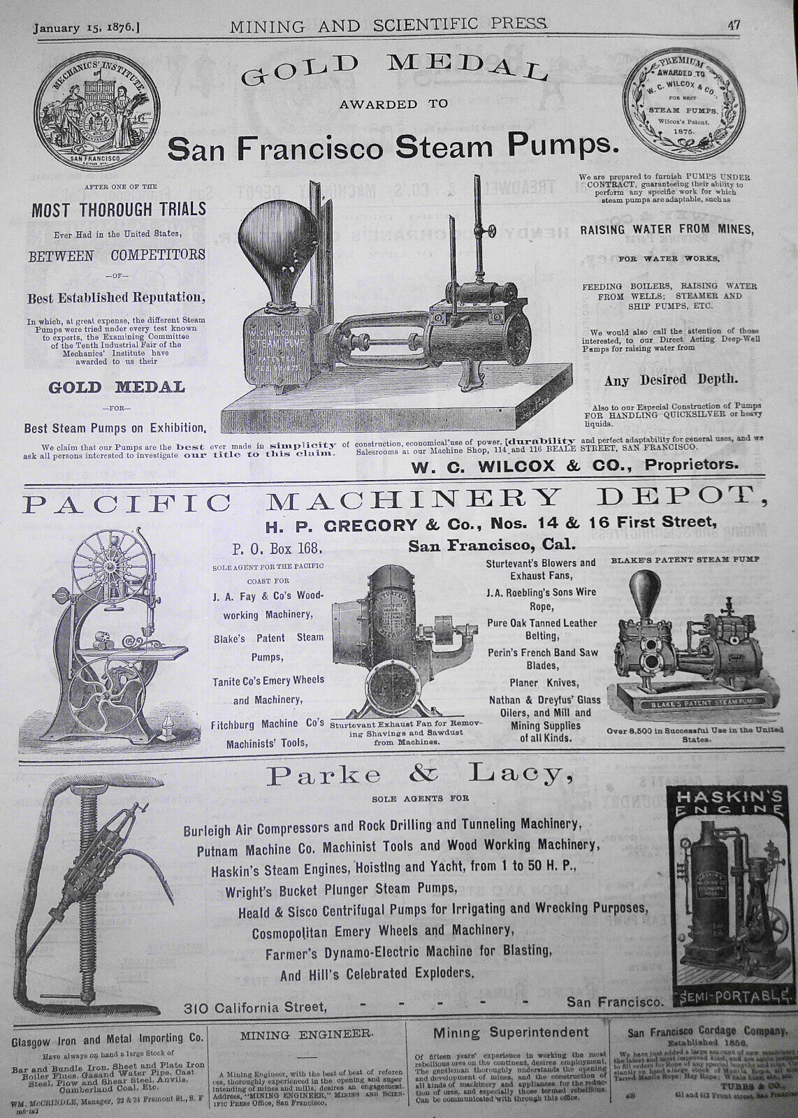 Mining and Scientific Press January 15, 1876. Yellowstone Lake; Colorado Bullion