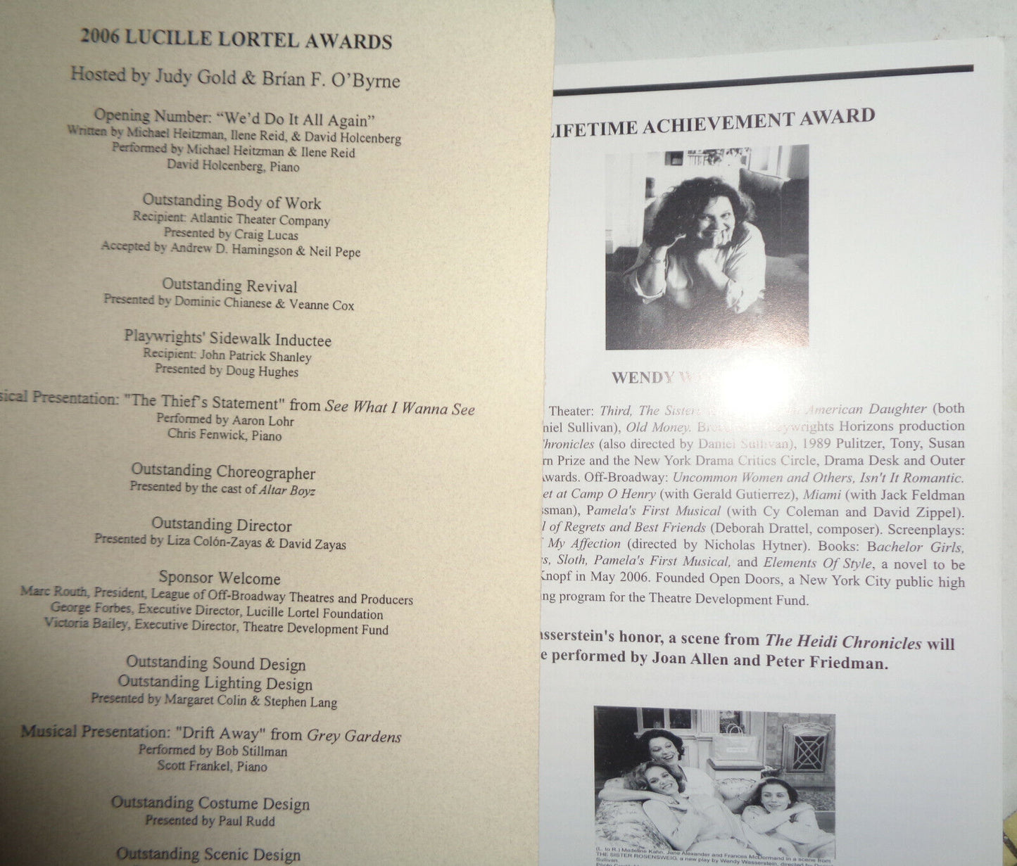 THE 21ST ANNUAL LUCILLE LORTEL AWARDS - PROGRAM - MAY 2006 - Wendy Wasserstein