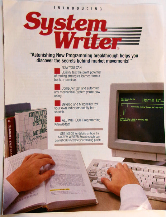 System Writer by Omega Research - Test stock trading strategies - 1980s brochure