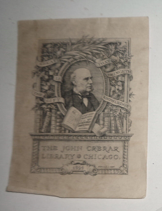 John Crerar Library,Chicago Ex-libris Bookplate, E D French. 1896 small version