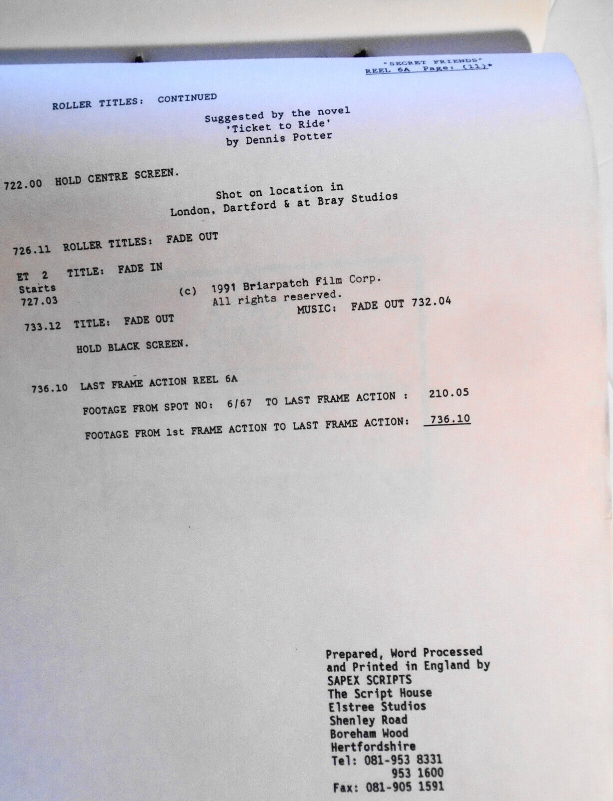 SECRET FRIENDS, by Dennis Potter -- Combined Dialogue ... Release Script. 1991.