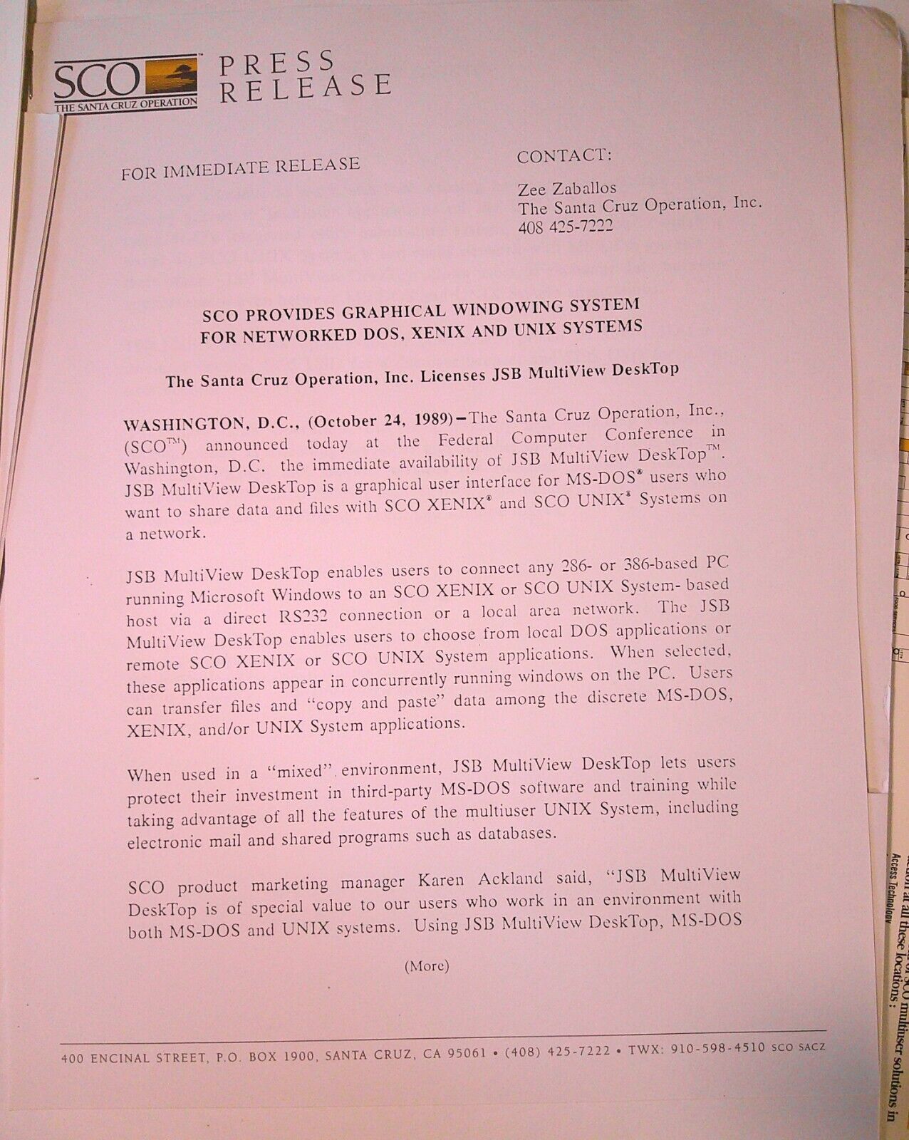 Santa Cruz Operation Press Kit, 1989 : SCO MultiView for UNIX & XENIX, etc