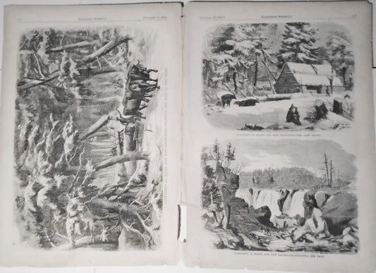 Lumbering in Maine, and New Brunswick - Harper's Weekly 1858 - 3 prints & story