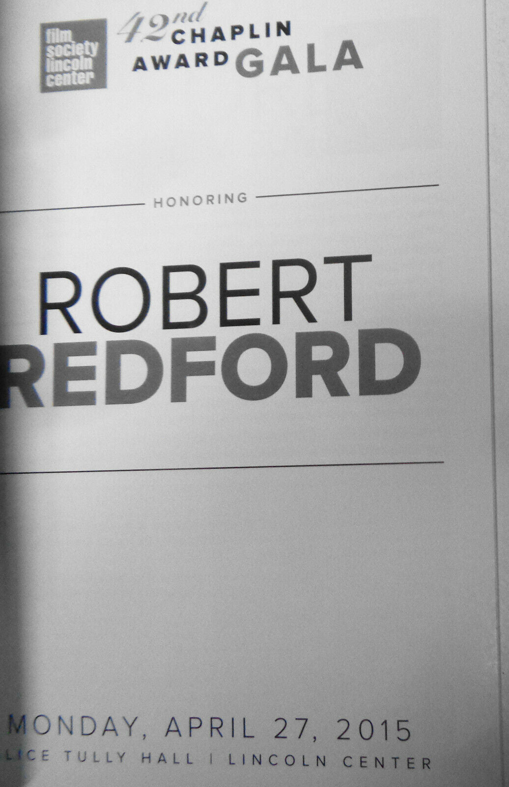 Honoring Robert Redford Playbill, Film Society Lincoln Center Chaplin Award 2015