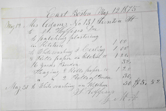 1875 East Boston receipt from "Mrs. Adams" for various work