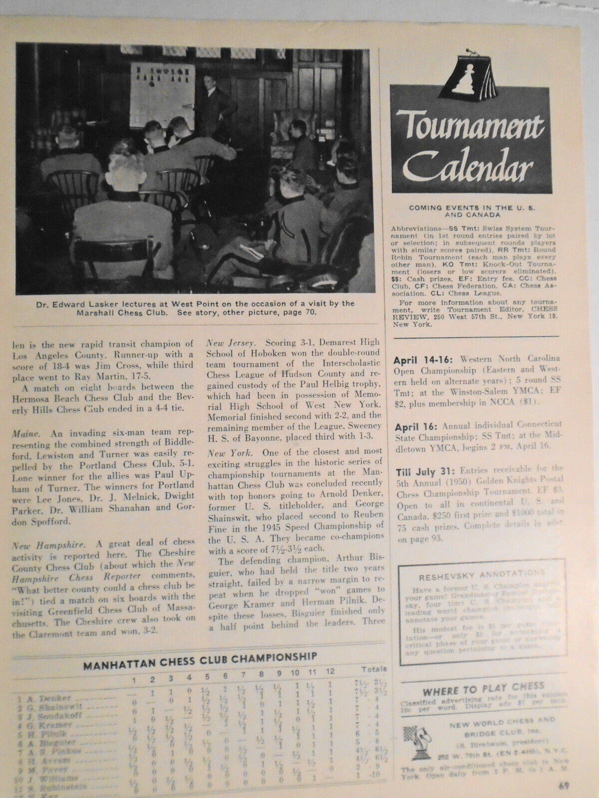 Chess Review, March 1950.  Arnold Denker On Cover.