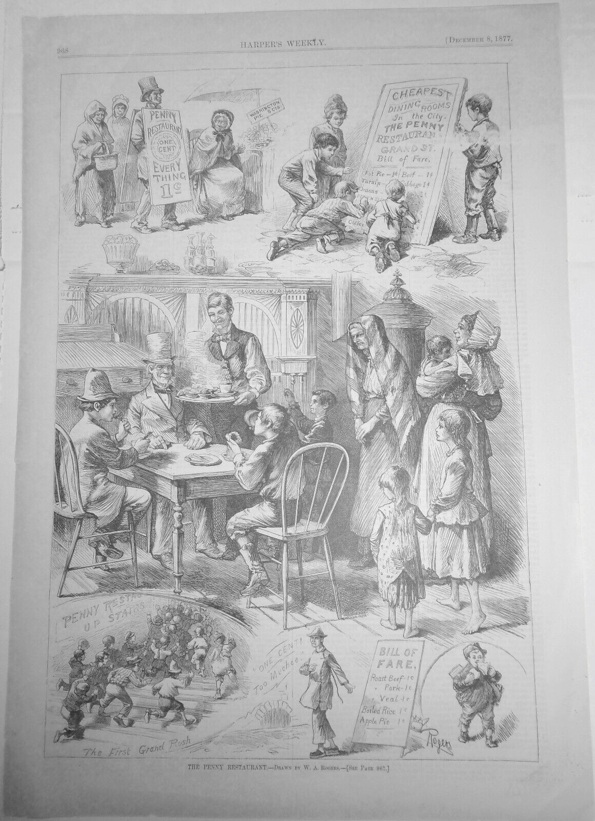 The Penny Restaurant. Drawn By W. A. Rogers  - Harper's Weekly December 8, 1877