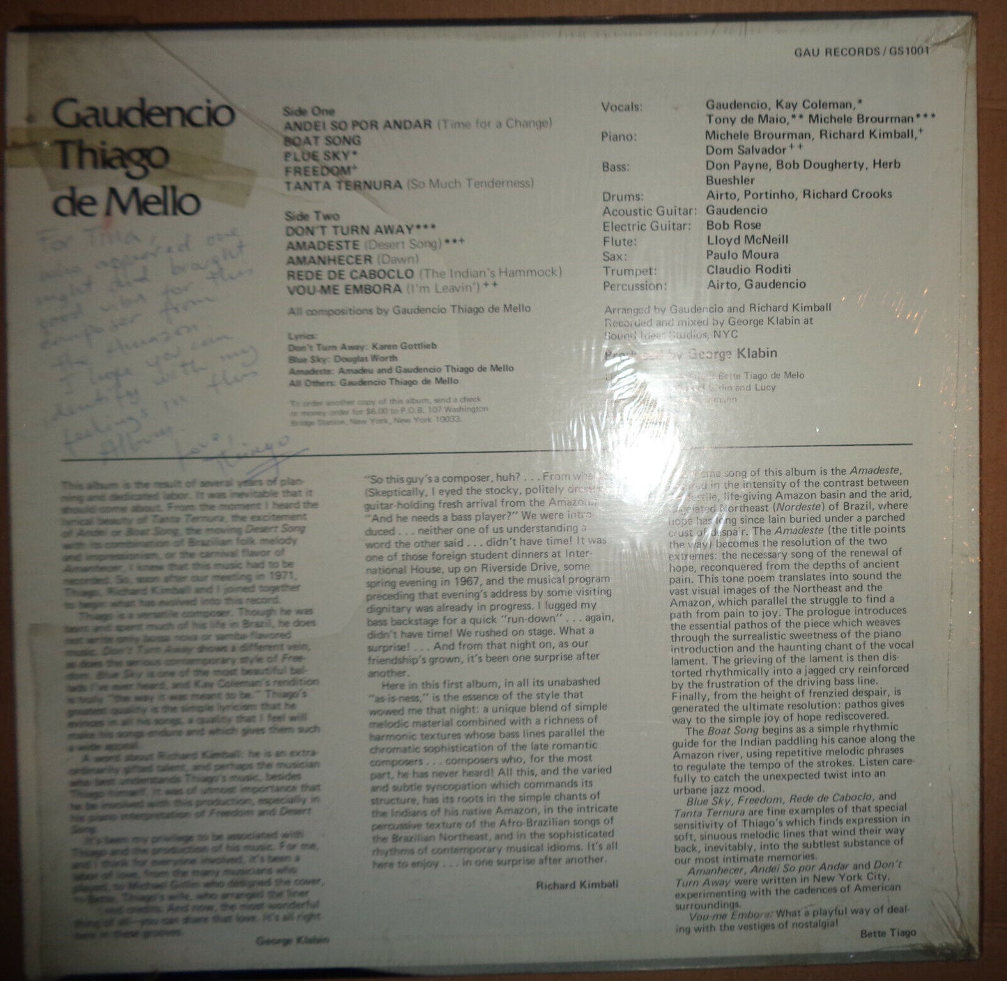 The Music Of Thiago LP - SIGNED by Gaudencio Thiago De Mello, 1973 [Latin, jazz]