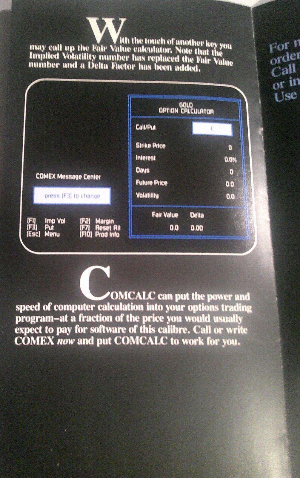 Comex COMCALC software brochure [1987] - Commodity Options Calculator for IBM PC