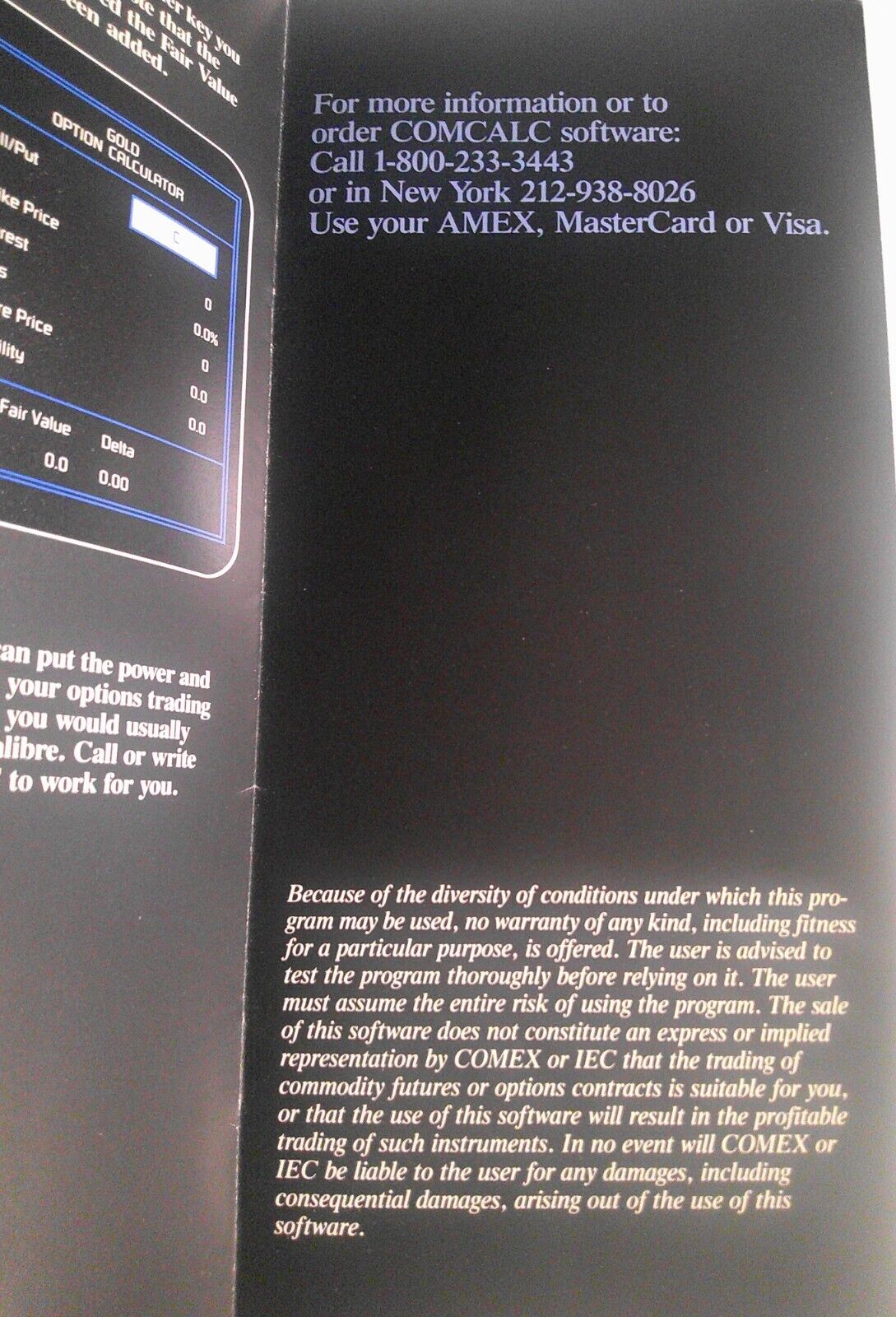 Comex COMCALC software brochure [1987] - Commodity Options Calculator for IBM PC