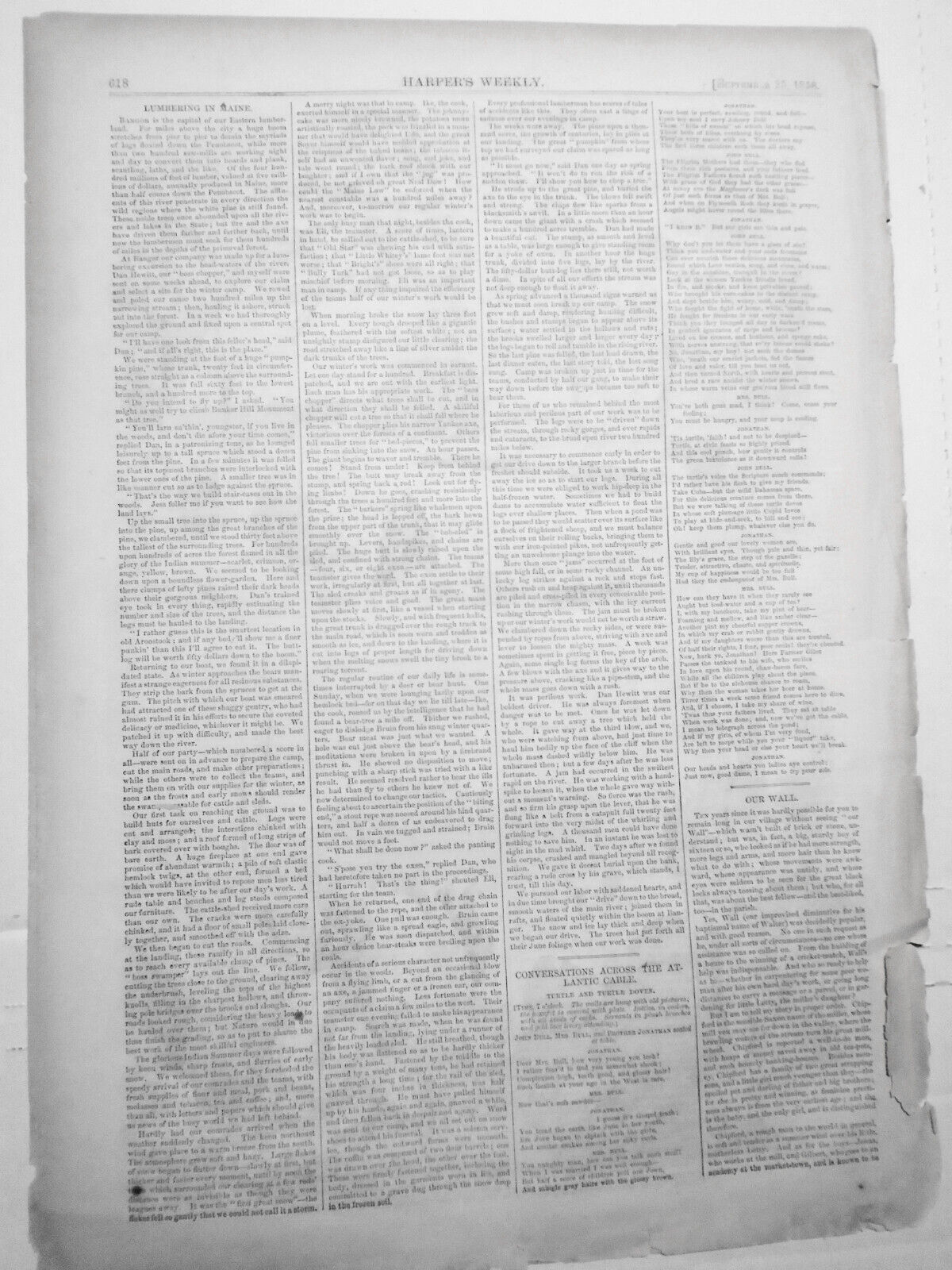 Lumbering in Maine, and New Brunswick - Harper's Weekly 1858 - 3 prints & story