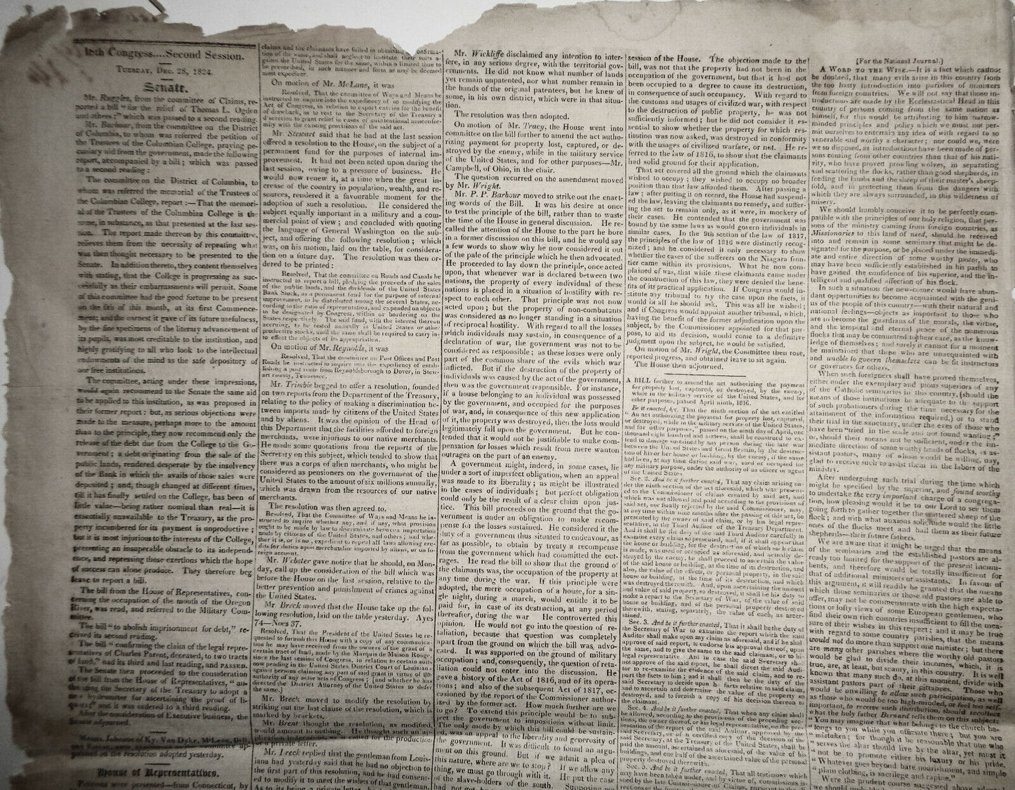 DAILY NATIONAL JOURNAL December 29, 1824 -  Thomas Jefferson letter, etc.