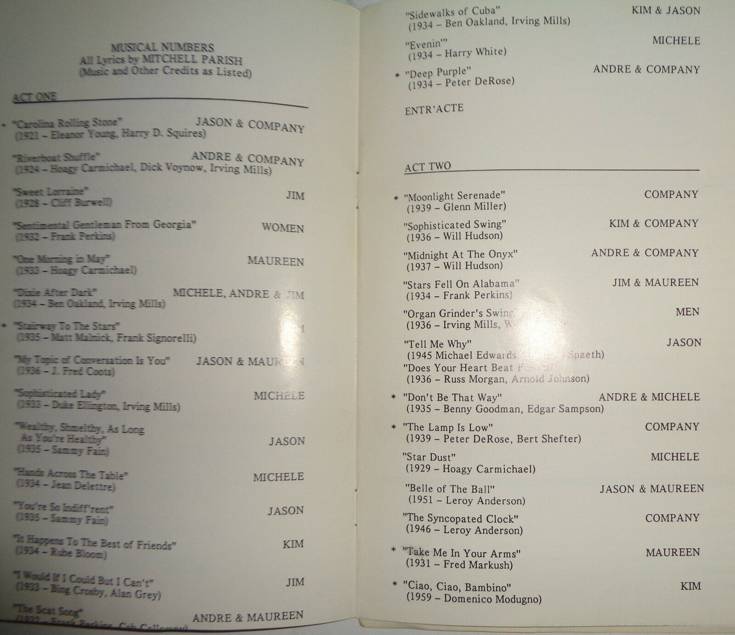 STARDUST - PROGRAM - THEATRE OFF PARK, 1986 Off-Broadway