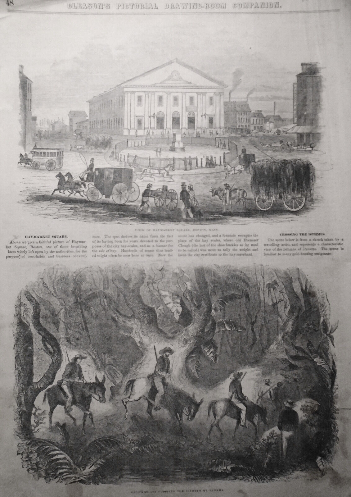 Haymarket Square Boston + Californians Crossing Isthmus Gleason's Pictorial 1852