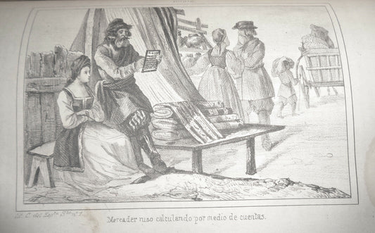 1840 Rusia - Mercader ruso calculando por medio de cuentas - engraving