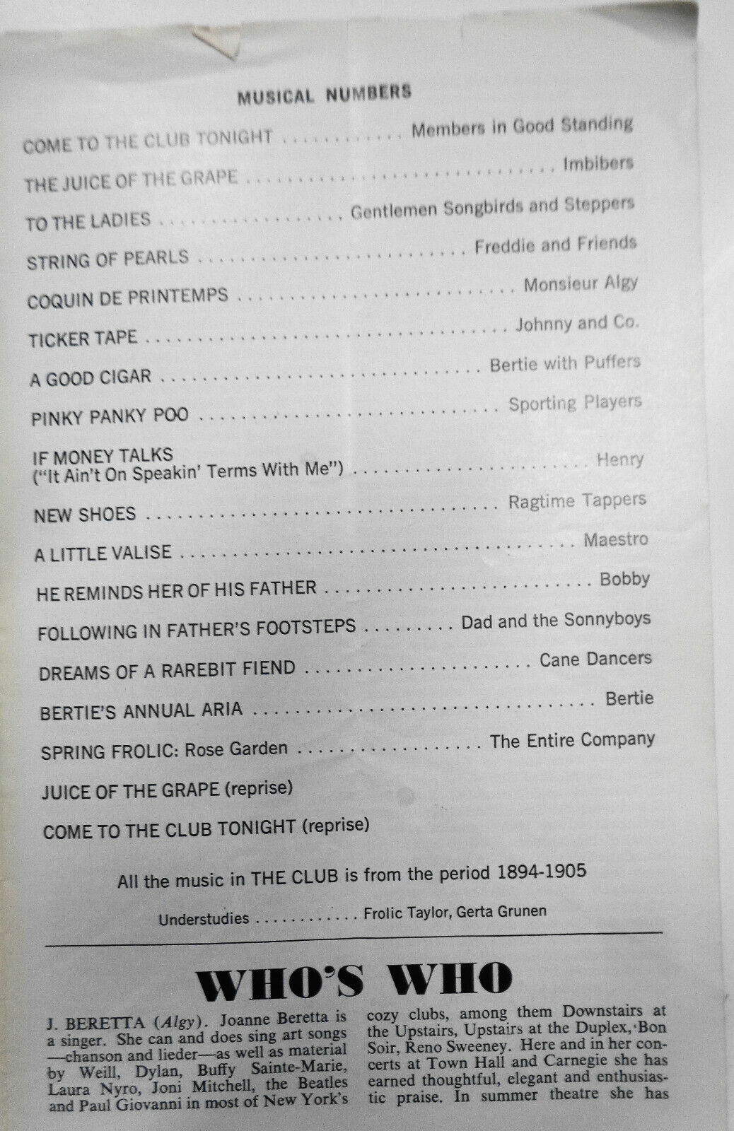 The CLUB - ON STAGE - Program - Eve Merriam; Tommy Tune directed, 1976