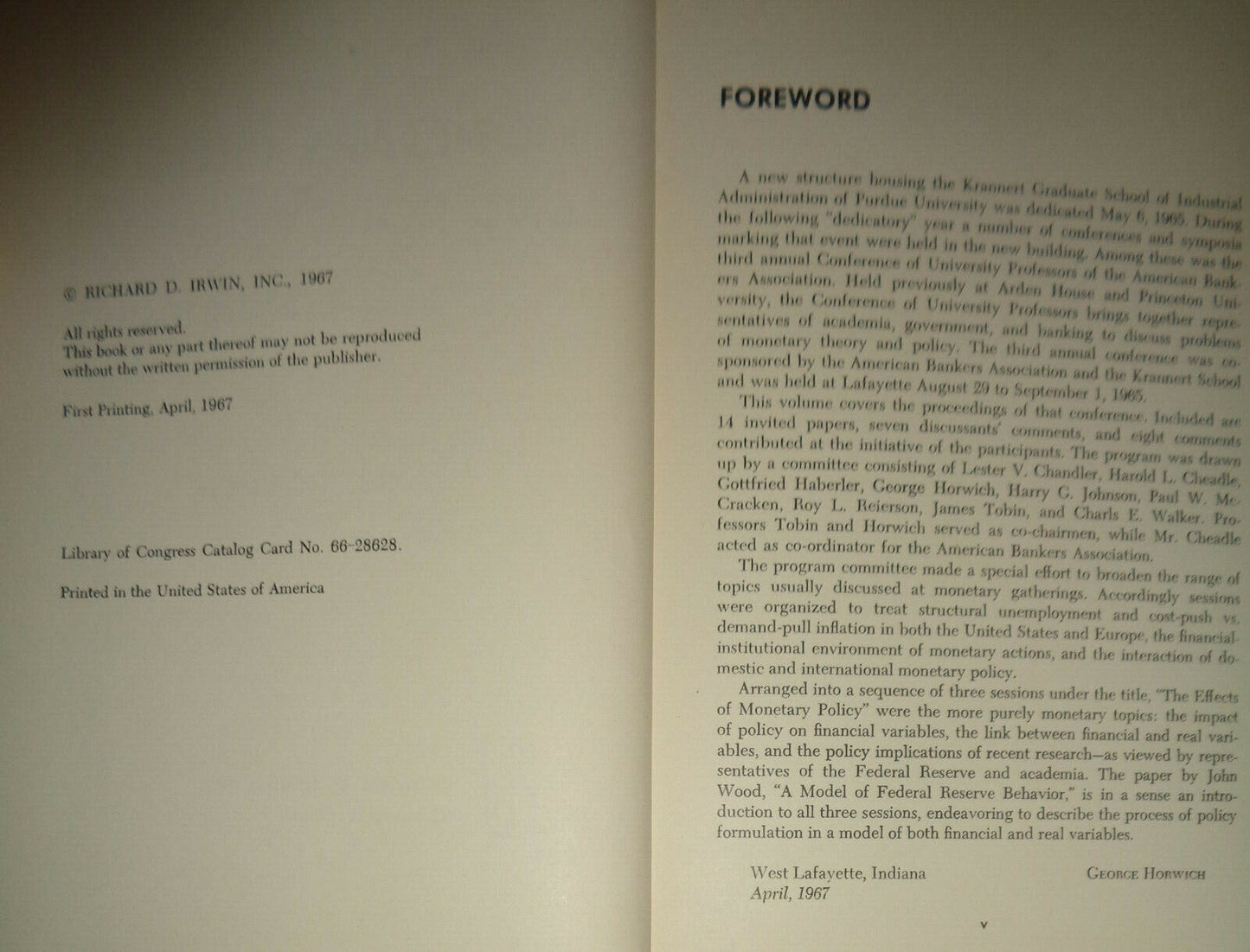 Monetary process and policy: a symposium edited by George Horwich 1967 Hardcover