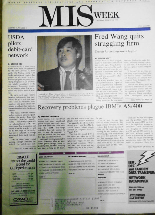 MIS Week, August 14, 1989 - Fred Wang quits,  IBM AS/400, HP, Sun, RISC UNIX...